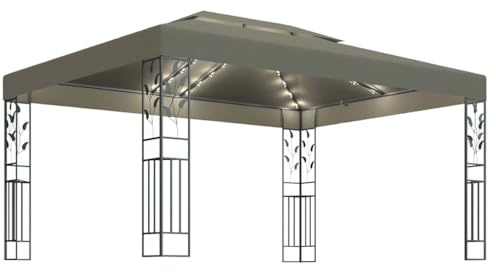 vidaXL Tonnelle avec Double Toit et Lumières LED Belvédère de Jardin Pavillon d'Extérieur Tente de Réception Chapiteau Barbecue 3x4 m Taupe