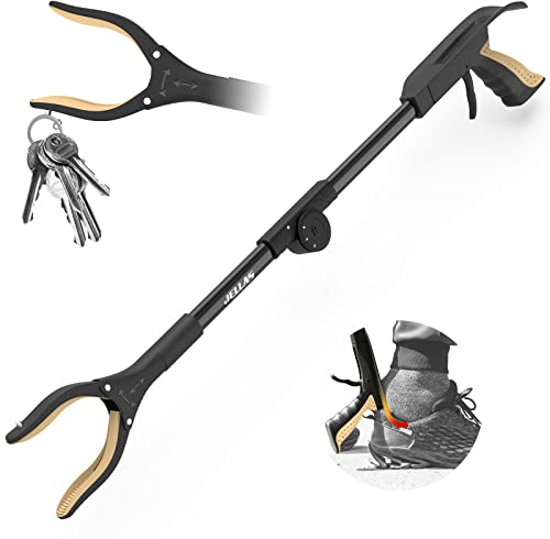 Jellas Pinza Telescopica, 80 cm Pinza Telescopica Pieghevole, Pinza Prensile, Raccoglitore di Immondizia, Pinza Morsetto in Gomma (Dorato)