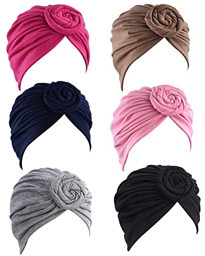 WKJHO 6 delar dam turban hatt afrikansk blomma knut förbunden hätta mössa mössa huvudbonad för flickor, 6 färger/rosenröd brun marinblå rosa grå svart, One Size