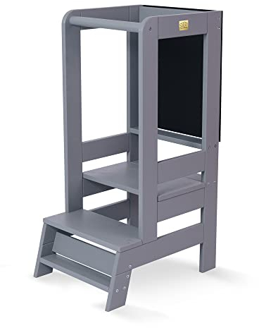 MEOWBABY Lernturm – Höhenverstellbarer Montessori Learning Tower für Kinder – Lernturm ab 1 Jahr – Sicherer Kinder Tritthocker – Holz Küchenhelfer für Küche & Alltag, Grau