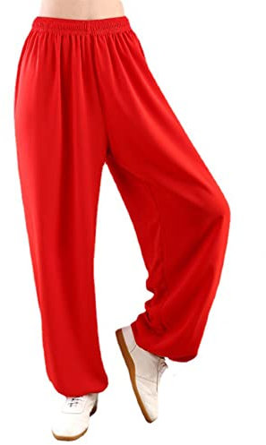 WoCOyo Taiji Training Hose Gemütlich Freizeit Chinesische Kampfkunst Tai Chi Kung Fu Qigong Shaolin Baumwolle Plus Seide Weite Beine Elastische Taille Tai Chi Kung Fu Hose für Damen Herren,002,XXS