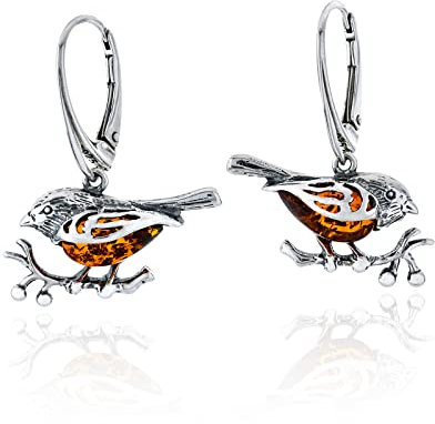 Damen Silberne Spatzen-Ohrringe mit Bernstein, Cognacfarbener Baltischer Bernstein, Sterling Silber 925, Geschenk für Frauen