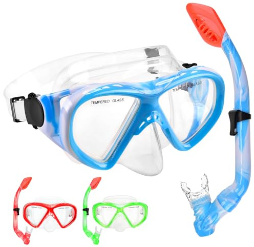 Kids Snorkel Set Dry Top Snorkeling Gear for Kids Youth Boys Girls Junior Age 5-15,Tempered Glass Swimming Diving Mask and Snorkel Set 180 Degree Panoramic View (Blue+Blue)