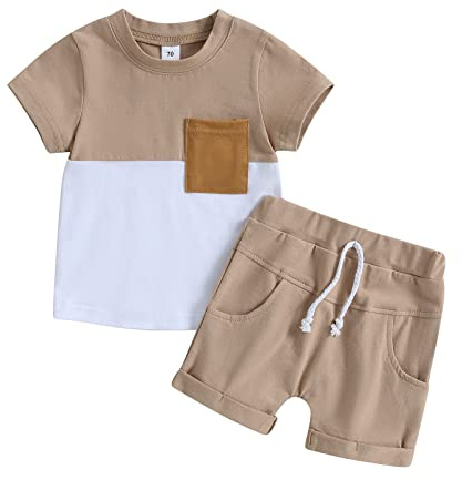 Carolilly Completo di abbigliamento per bambini da 2 pezzi, maglietta + pantaloni o pantaloncini in vita elasticizzata con tasche, Cachi bianco, 3-4 anni