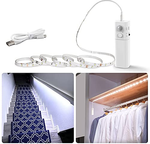 WOBANE Tira LED batería recargable, tiras LED con sensor de movimiento, 2 metros, luz nocturna adhesiva para armario, escaleras, cocina, blanco frío 6000 K