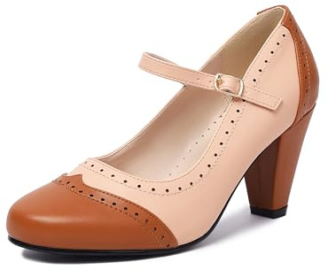 elerhythm dam två ton Mary Jane Classic och retro 1920-talet pump klackar Gatsby oxfordmönster 1950-talet vintage rund stängd tå ankelrem klänning skor, Brun naken, 38 EU