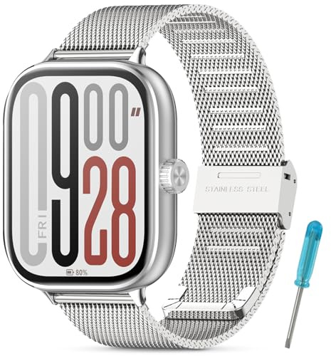 WindRen Ersatzarmband Kompatibel mit Xiaomi Redmi Watch 6/5/4, Mesh Geschäft Metall Uhrenarmband für Xiaomi Mi Band 9 Pro/Xiaomi Mi Band 8 Pro, Silber