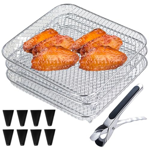 Air Fryer Rack Food Grade Edelstahl 3 Schichten Stapelbares Luftbratenschelf mit 8 Silikonfüßen, 1 Pinzetten und 1 Pinsel für Ofen, Pressekocher, Barbecue, Bratofen -Flugfryerzubehör, Style2