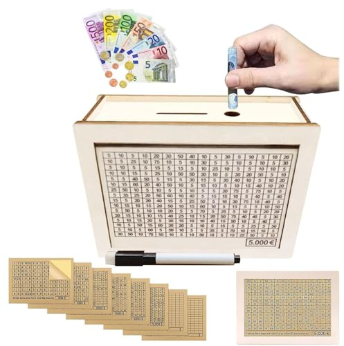 Spardose Holz,Sparbox mit Zahlen Ankreuzen mit Zähler,Sparschwein mit Sparziel,Spardose 10,000€ 500€ 1,000€ 2,000€ 3,000€ 5,000€ Euro