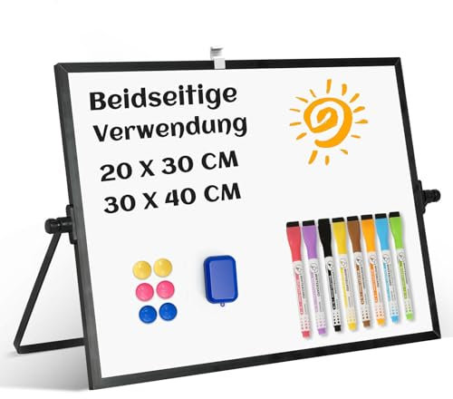 QUEENLINK Whiteboard Magnetisch, Beidseitige Verwendung Desktop Magnettafel klein, White Board Klein mit Ständer 30x40cm Schreibtafel Abwischbar