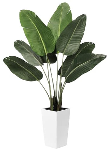 FEELEAD Bird of Paradise - Pianta artificiale da 1,5 m, palma tropicale in vaso con fioriera bianca, 1,5 m, piante finte di palma Areca con foglia di banano, in vaso, decorazione per casa e ufficio