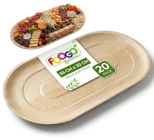 FOOGO Green 20 Plateaux Jetables Feuille de Palmier 56x30cm Ovales | Robustes et écologiques, Pizza, Entrées, Canapés, Planche charcuterie, Plats chauds, Alternative plateaux en bois