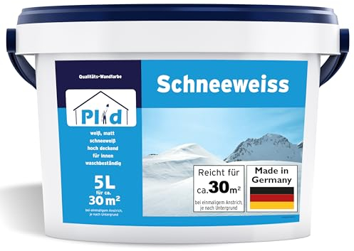 Plid® Schneeweiß Wandfarbe Weiß 5L für ca. 30 m² [HOHE DECKKRAFT] - Farbe Wand & Decken - Polarweiß geruchsarm - Innenfarbe - Hohe Abdeckung, Geruchsfrei, Schnell trocknend – Renovierung & Dekor