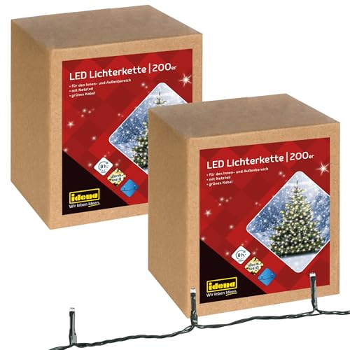 Idena 31869-2 - 2 Piezas de Luces LED de Hadas, 200 LED en Amarillo Dorado, Exterior e Interior, Temporizador de 8 Horas y Transformador, 29,9 m de Largo, decoración para Fiestas y Navidad