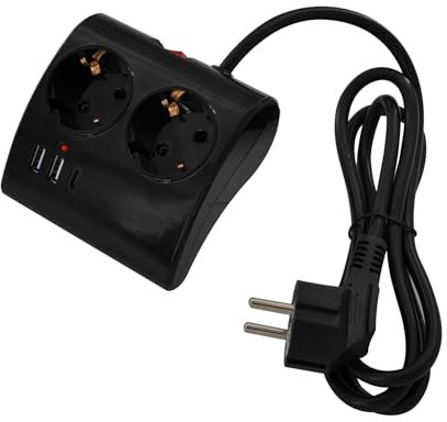 Ewent Multipresa da scrivania/tavolo con 2 Prese Schuko e 2 porte USB-A e 1 porta USB-C, Interruttore ON/OFF, 3680W, Protezione da Sovraccarico, Spina Schuko 16A e cavo da 1.5mt, Nera