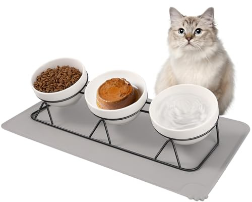 Vikcvcsc Set de 3 Comedero Gato Elevado 400ml, Inclinación de 15° con Soporte de Metal y Tapete Silicona, Comedero Elevado para Gatos y Perros Pequeños