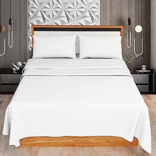 KOHSAR White King 4 Pieces Sheet Set (Flat Sheet + Fitted Sheet + 2 Pillowcases) - White Bed Sheets King Bedding Set - Easy Iron King Size Bed Sheets Set - Poly Cotton Kingsize Sheet Set