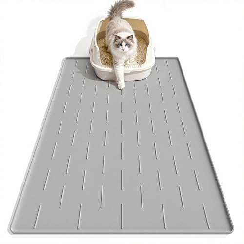 Pieviev Tappetino Lettiera Gatto Silicone, 86x56cm Tappeto Lettiera Gatto, Impermeabile e Antiscivolo, XL Grande Cat Litter Mat per Raccogliere la Sabbia, Grigio Chiaro