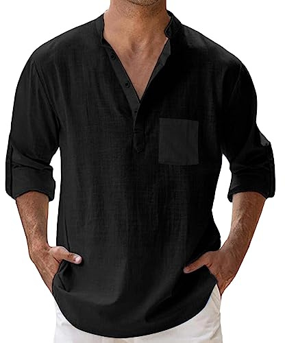 Generisch Chemise d'été en mousseline pour homme - Légère et aérée - En coton et lin - Col montant - Manches longues - Grandes tailles - Décontractée - Chemise d'été - Chemise de plage avec poches, A1