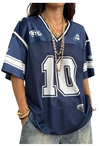 RoseSeek Jersey Shirts for Women Number Graphic V Neck Oversized Tshirts Y2k Football Jersey Streetwear Blue L