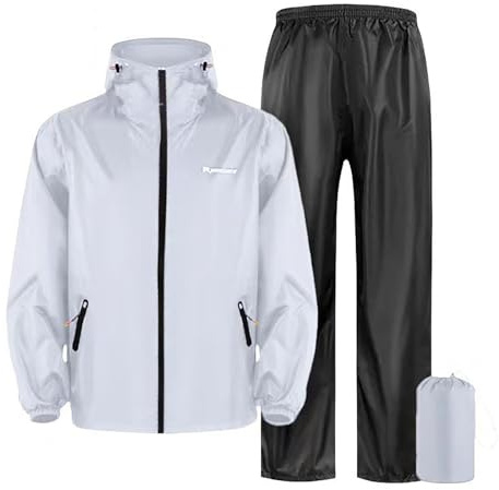 RUMAOZIA Tuta antipioggia da uomo per moto, impermeabile, antivento, traspirante, riflettente, in due pezzi, con chiusura lampo, impermeabile di alta qualità, Z01 bianco., XL