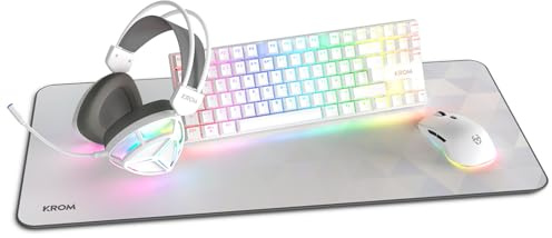 KROM Klass - Pack Gaming 4 in 1: Tastiera meccanica TKL RGB, Layout spagnolo, Mouse ottico 7200 DPI, Cuffie con driver da 50 mm, Mousepad XXL, Set completo per PC e laptop da gaming, Bianco