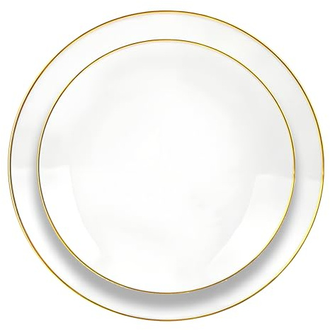 Élégant Ensemble d'Assiettes Réutilisables, Couleur au Choix avec Bordure Dorée, 16 Pièces, Grande 23cm-Petite 19cm,Plastique PVC Brillant, Lavable au Lave-vaisselle, Décoration Mariage(Blanc Doré)