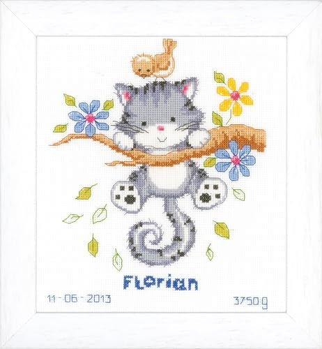 VERVACO Kit Punto Croce Contato Gattino GIOCOSO Annuncio Nascita Punto Croce ca. 20 x 22 cm Regalo Personalizzato Set Fai da Te attività Creative Adulti Benvenuto Bambino Cross Stitch