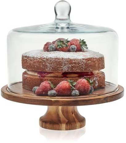 Libbey Acacia Wood Cake Stand with Lid, Footed Cake Stand With Cover, Durable Ball Top Handle Glass Dessert Dome