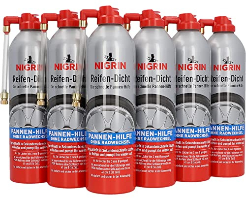 NIGRIN Sellador de neumáticos de 500 ml para reparación instantánea de pinchazos, 6 unidades de 500 ml, sin necesidad de montaje