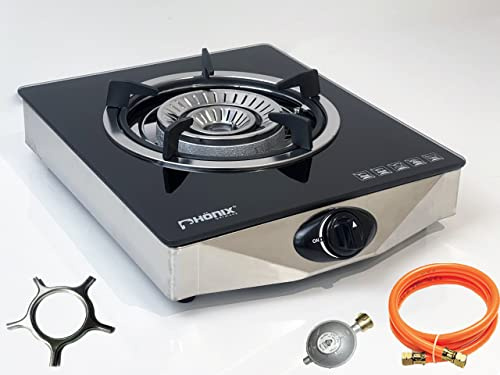 PS-1 Gaskocher 1 flammig 4,2 KW Glas Propan Campingkocher mit Zündsicherung + Gasschlauch-Druckminderer Set