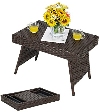 GYMAX Rattantisch klappbar, Gartentisch Terassentisch aus Polyrattan, Bistrotisch Beistelltisch mit Metallgestell, rechteckig, 60 x 40 x 40 cm, für Garten, Terrasse, Balkon, Braun