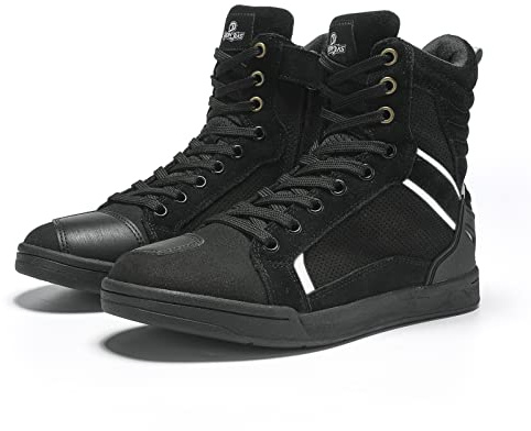 BORLENI Motorradschuhe Herren Motorradstiefel Männer lässige atmungsaktive Leder Motorrad Sneaker reissverschluß mit Schaltpolster, rutschfeste Sohle(Schwarz, 45)