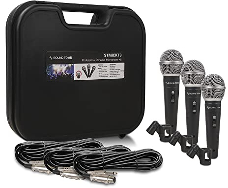Sound Town 3-piece Professional Handheld Dynamic Microphone Kit with Carry Case, Mic Clips, 26ft XLR to 1/4 Audio Cables (STMICKT3)
