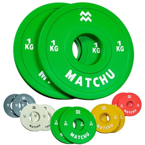 Matchu - Plateaux fractional - Mini disques d'haltères - Diamètre de l'anneau central 50mm - Lot de 2 pièces - Disques d'haltères - Blaireaux - Disques de poids (Vert - 2 X 1 KG)