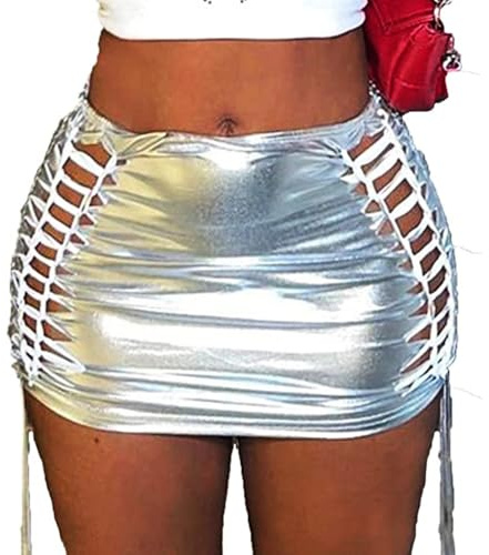 Ushiny Minifalda sexy metálica con purpurina, falda elástica fruncida para fiesta, falda rave recortada para mujeres y niñas, plata, 36