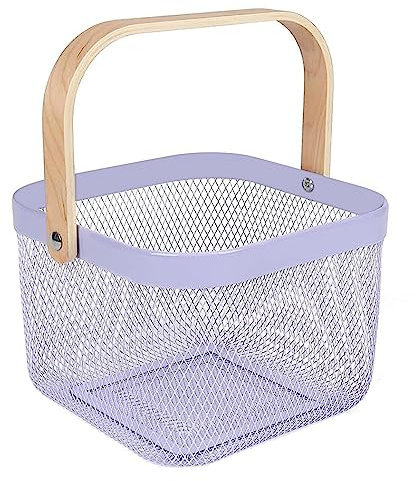 AJIODA Metal Mesh Steel Basket, Storage Organizer Basket Multi-functional Hanging Kitchen Baskets Fruit Basket Bin with Bamboo Handle for Kitchen Bathroom Picnic Shopping Decor Cabinet Home, Purple