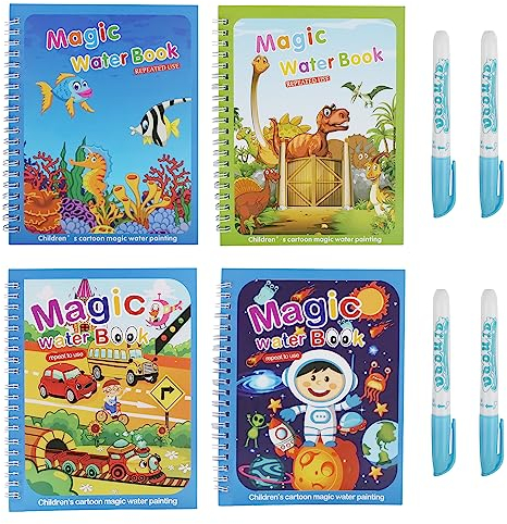 Fzyisw 4 Stück Wassermalbuch, Magic Water Colouring Book, Magic Wasser Malbuch, Wiederverwendbar Malbücher für Kinder mit 4 Malbuch Wasserstift, Wassermalbuch ab 2 für Kleinkinder Weihnachten Geschenk