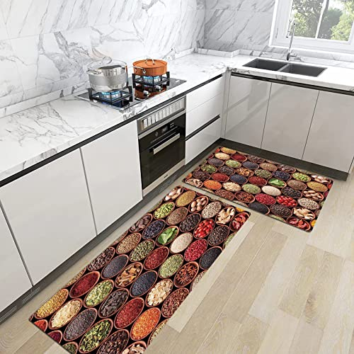 Urbanrags 2stk Küchenteppich Waschbar rutschfest Küchenmatte,Moderne, frische Bio-Kräuter und Gewürze,Küchenläufer Fußmatte Teppich Läufer Badematten 45x70+45x120cm