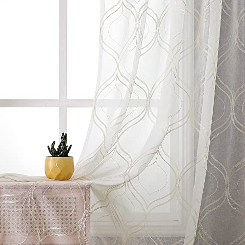 VISIONTEX White Sheer Curtains 108 Inches Long 2 Panels Set Beige Moroccan Embroidered Curtains Trellis French Textured Rod Pocket Voile Tulle Semi Window Drapes for Bedroom Living Room 54 x 108 Inch