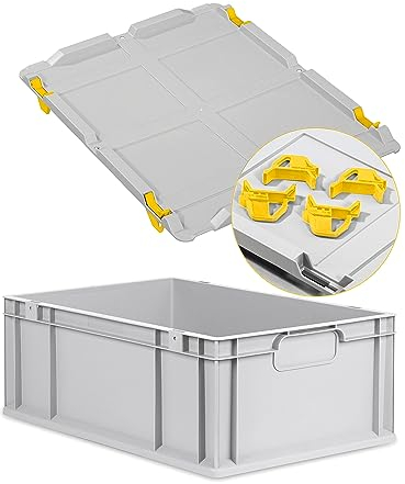 Eurobox NextGen Economy 60x40x22cm Griffe geschlossen mit Auflagedeckel grau, Kunststoffbox 44 Liter stapelbar Transportbehälter lebensmittelecht, Farbe Deckel-Verschlüsse wählbar (Verschlüsse Gelb)