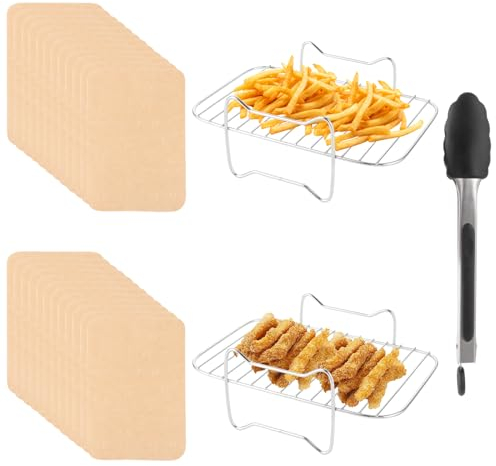 APACALI Lot de 2 grilles de cuisson en acier inoxydable avec 100 pièces de papier sulfurisé - Accessoires compatibles avec Ninja Foodi AF300EU AF400EU - Accessoires de friteuse à air chaud double en
