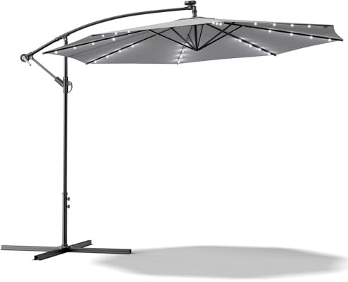XEMQENER Garden Parasol with Solar Powered Lights, 3M Cantilever Parasol with Cross Base Included, Large Outdoor Banana Parasols for Camping, Patio, Poolside, UPF 50+, 300x300x260 cm, Light Grey