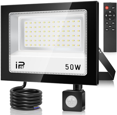 50W LED Strahler Mit Bewegungsmelder Außen, 5000LM 7000K Superhell Fluter, IP67 Wasserdicht Scheinwerfer Mit Fernbedienung, Kaltweiß Außenstrahler für Garten, Garage, Sportplatz, Hof