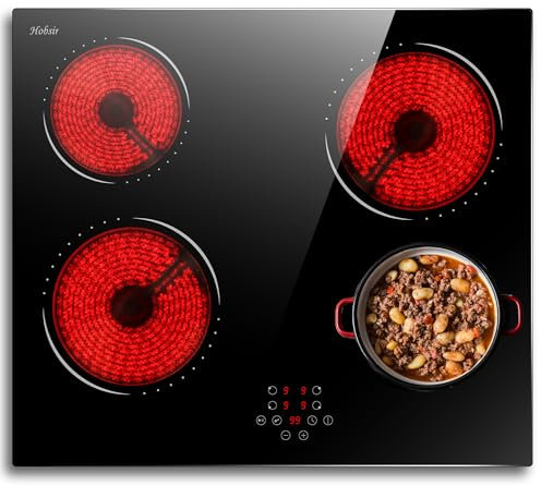 Hobsir Plaque Vitrocéramique 4 Feux, Table de Cuisson Électrique 60CM Encastrable, 6000W, Commande Tactile, Fonction Pause, Minuterie, 9 Niveau de Puissance, Verre Céramique Noir, 240V, Sans Prise