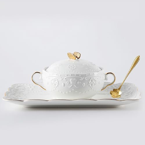 MELY Ceramic Tureen Soup,Ceramic Soup Bowl with Plate and Spoon Set,White Gold Soup Tureeen for Breakfast Bread Dessert Microwave and Dishwasher Safe