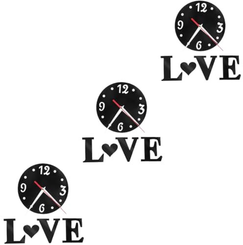 ABOOFAN 3 Sätze Liebe Liebe Wanduhr Spiegelwand-digitaluhr Spiegel-Wand-digitaluhr-Aufkleber Wanduhr Aufkleber Selber Machen Liebesherz-DIY-uhrenaufkleber Wandaufkleber 3D-Uhr Black Acryl