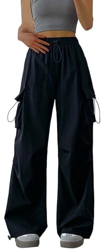 YCBMINGCAN Y2K parachute byxor cargobyxor Y2K Track Pants dam Y2K Track Pants sportbyxor oversize lös 90-tals e-girl streetwear elastisk midja parachute byxor, svart, M