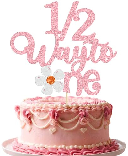 Gyufise 1/2 Way to One Cake Topper, 1 Pc, Pink, Half Birthday, 6 Months, Baby Shower, Party Decoration
