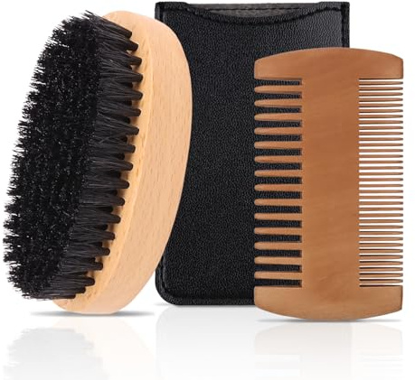 Men's Beard Brush Kit with Pearwood Comb and Boar Bristle Beard Brush, Beard Grooming Tools for Home and Barbershop